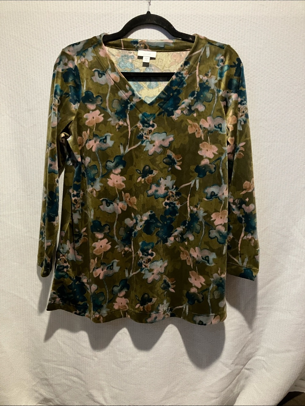 Talbots Olive Green Velvet Floral V-Neck Long Sleeve Top
